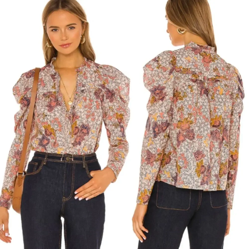 NEW Ulla Johnson Remy Boho Style Ruffle Details Puff Sleeves Top Pink Size: 0